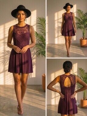 Y2K American Eagle Boho Lace Mini Swing Dress Rich Plum Med